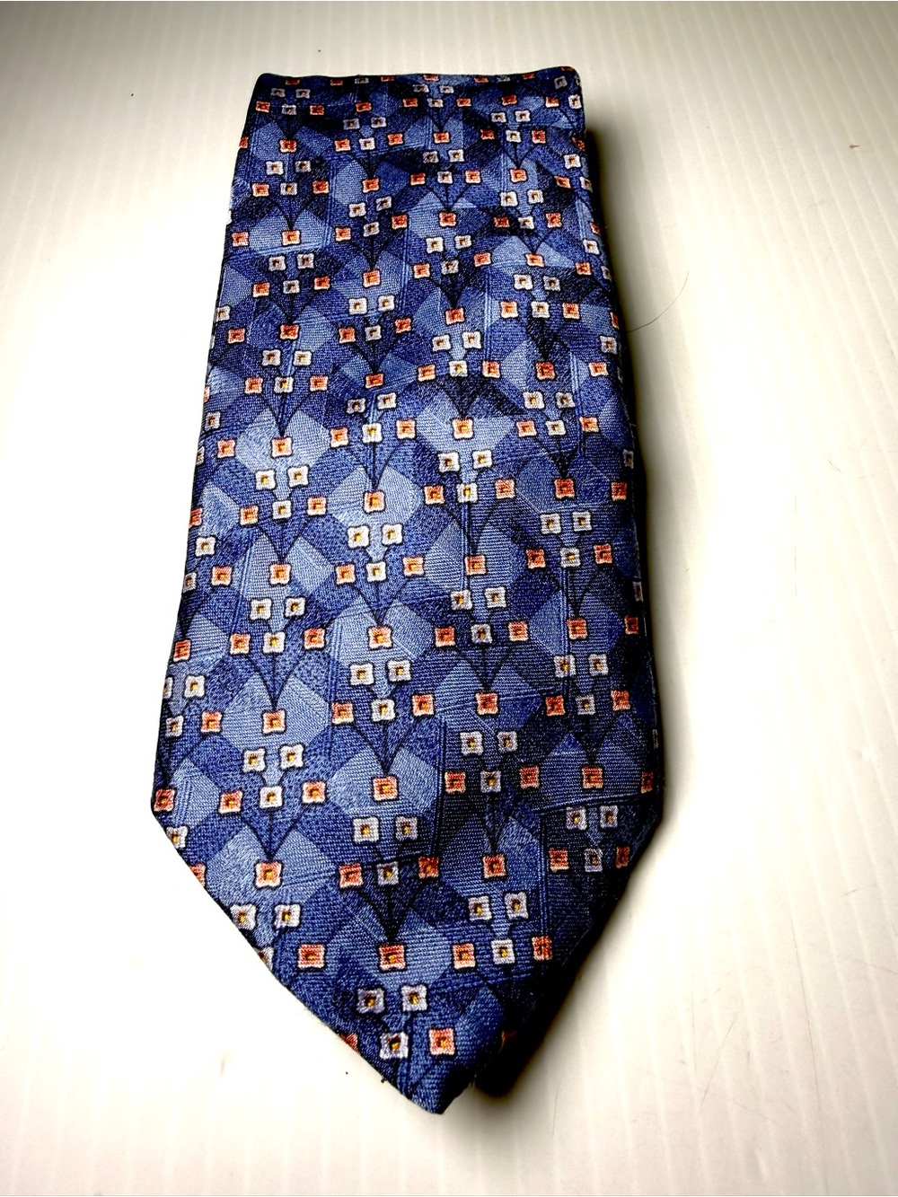 Ermenegildo Zegna Blue Geometric Silk Tie with Orange Accents